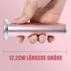 A hand is holding a rose gold cylindrical device. A measurement line and text indicating the size are overlaid on the image. Produktbild-Vorschau