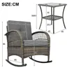 A size chart showing dimensions for a rattan rocking chair and a side table. Produktbild-Vorschau