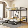 A bedroom scene featuring a triple bunk bed with drawers and a table. Anteprima dell’immagine prodotto