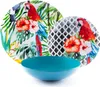 A set of plates and a bowl with tropical parrot and floral designs, presented on a white background. Produktbild-Vorschau