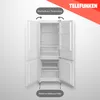 An open refrigerator with its interior shelves and drawers visible, set against a neutral background. Text overlays highlight features. Produktbild-Vorschau