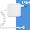 A white Macbook charger and cable are shown against a split white and blue background. Text indicating the length of the cable is present. Produktbild-Vorschau