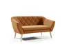A brown loveseat sofa with diamond tufting on the backrest and light wooden legs, isolated on a white background. Voir les images du produit