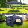 Two images of a dark gray pop-up gazebo, one set up in a garden with a table and chairs, and another showing its windows and sides. Produktbild-Vorschau