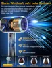 A close-up illustration of a hairdryer with blue light rays emanating from the nozzle, accompanied by text and icons highlighting its features and performance. Produktbild-Vorschau