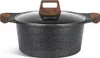 A close-up studio shot of a speckled black pot with a glass lid and wooden handles, set against a white background. Produktbild-Vorschau