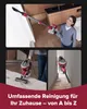 A collage of images showing a woman using a cordless vacuum cleaner in different home settings, along with text promoting its features. Produktbild-Vorschau