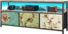 A TV stand with drawers and electronic devices on top, set against a backdrop of a beach scene. Podgląd zdjęcia produktu