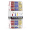 A clear, well-lit studio shot of a transparent plastic case filled with various electrical wire connectors, sorted by color and type. Produktbild-Vorschau