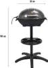 A black electric grill on a stand, shown against a white background with dimensions indicated. Produktbild-Vorschau