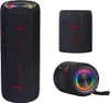 Three views of a black portable speaker with red plus and minus symbols and a colorful LED light ring. Náhľad obrázku produktu
