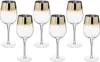 A set of six clear wine glasses with gold rims, arranged in two rows on a white background. Podgląd zdjęcia produktu