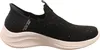 A side view of a black Skechers slip-on sneaker with a light pink sole. Náhľad obrázku produktu