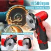 A hand holding a red and black electric grinding tool with sparks flying in the background. Inset images show close-ups of the tool and its features. Produktbild-Vorschau