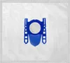 A close-up view of a vacuum cleaner bag with a blue plastic connector and a white filter, set against a white textured background. Produktbild-Vorschau