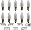 Ten small, clear, candle-shaped light bulbs are arranged in two rows on a white background. Below the bulbs are text boxes indicating quantity, voltage, wattage, and placement. Produktbild-Vorschau