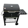 A black charcoal grill with a silver thermometer on the lid, a side shelf, and a lower storage rack, shown on a white background. Podgląd zdjęcia produktu