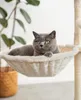 A gray cat is lying in a beige hammock attached to a cat tree. Produktbild-Vorschau