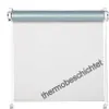 A white roller blind with a blue top bar, shown fully extended against a white background. Produktbild-Vorschau