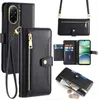 A collage of images showcasing a black leather phone case with multiple compartments and a crossbody strap.