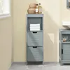 A gray wooden bathroom cabinet with two drawers and an open shelf, decorated with towels, baskets, and bottles. Anteprima dell’immagine prodotto