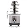 A silver and black electric chocolate fountain with dimensions indicated by measurement lines and text. Voir les images du produit