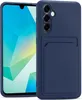 A dark blue phone case with a card slot is shown next to a smartphone. Produktbild-Vorschau