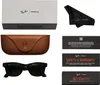A collection of items related to Ray-Ban Meta Wayfarer smart glasses, including the packaging, case, cleaning cloth, and informational inserts. Produktbild-Vorschau