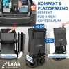 Collage of images showing a foldable wagon in different contexts, including inside a car trunk, being used, and folded. Produktbild-Vorschau