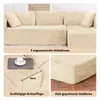 A collage of images showcasing a beige L-shaped sofa with corduroy fabric, highlighting its features. Produktbild-Vorschau