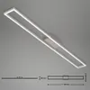 A modern, rectangular LED ceiling light fixture with integrated lighting, shown against a plain gray background. Technical diagrams with dimensions are displayed below the main product image. Produktbild-Vorschau