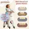 A young girl is riding a white toy horse with pink accents. The image also shows examples of surfaces the toy can be used on, with text in German. Anteprima dell’immagine prodotto