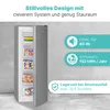 A grey upright freezer with its door open, displaying its contents and various feature callouts on the right side. Produktbild-Vorschau