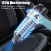 A close-up shot of a hand vacuum cleaner being used to clean a car seat. The vacuum has a blue and silver body and is emitting blue light effects to show suction power. Produktbild-Vorschau