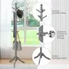 A grey wooden coat rack with a hat, scarf, and bag hanging on it, shown in front of a window with a garden view. The image is divided into sections highlighting product features. Produktbild-Vorschau