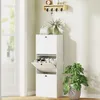 A white shoe cabinet with three flip-down drawers is shown in a room, next to a doorway and a potted plant. A shelf with hooks and decorative items is mounted on the wall above the cabinet. Produktbild-Vorschau