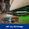 A woman is using a floor cleaning device under a couch, with a comparison graphic showing its slim design. Produktbild-Vorschau