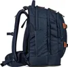 Side view of a dark blue backpack with brown leather accents. Podgląd zdjęcia produktu