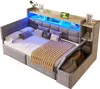 A modern upholstered bed with integrated shelving and LED lighting. Podgląd zdjęcia produktu