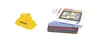 A yellow toy taxi and a stack of game cards are shown against a white background. Produktbild-Vorschau