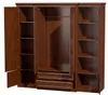 An open, dark brown wooden wardrobe with shelves and drawers. Produktbild-Vorschau