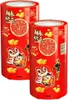 Two red cylindrical containers decorated with Chinese New Year motifs, including a lion dance, children, and gold ingots. Produktbild-Vorschau