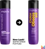 Two bottles of Matrix Total Results Color Obsessed shampoo are shown side-by-side, with an arrow indicating a change from an older design to a newer one. Text indicates "New Look! Same Great Formula." Produktbild-Vorschau