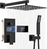A black shower system with a square overhead shower head, a handheld shower head, and a control panel with a digital temperature display. Produktbild-Vorschau