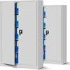 Two gray metal filing cabinets are shown side-by-side, with the left cabinet's doors open to reveal blue file folders inside. Produktbild-Vorschau