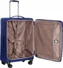 An open blue suitcase with its interior visible, showing straps and mesh compartments. Voir les images du produit