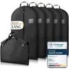 A set of five black garment bags arranged in a row, with one garment bag in the foreground and a quality assurance certificate to the right. Produktbild-Vorschau