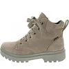 A side view of a single gray and beige leather boot with laces. Produktbild-Vorschau