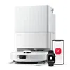 A white robot vacuum cleaner with an all-in-one dock, a smartphone, and a smartwatch are displayed against a white background. Produktbild-Vorschau