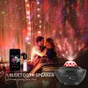 A couple is embracing in a room illuminated by a galaxy projector, with a smartphone and USB drive visible. Produktbild-Vorschau